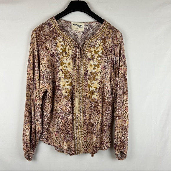 Savanna Jane embroidered boho blouse tassel tie size Small - Picture 1 of 6